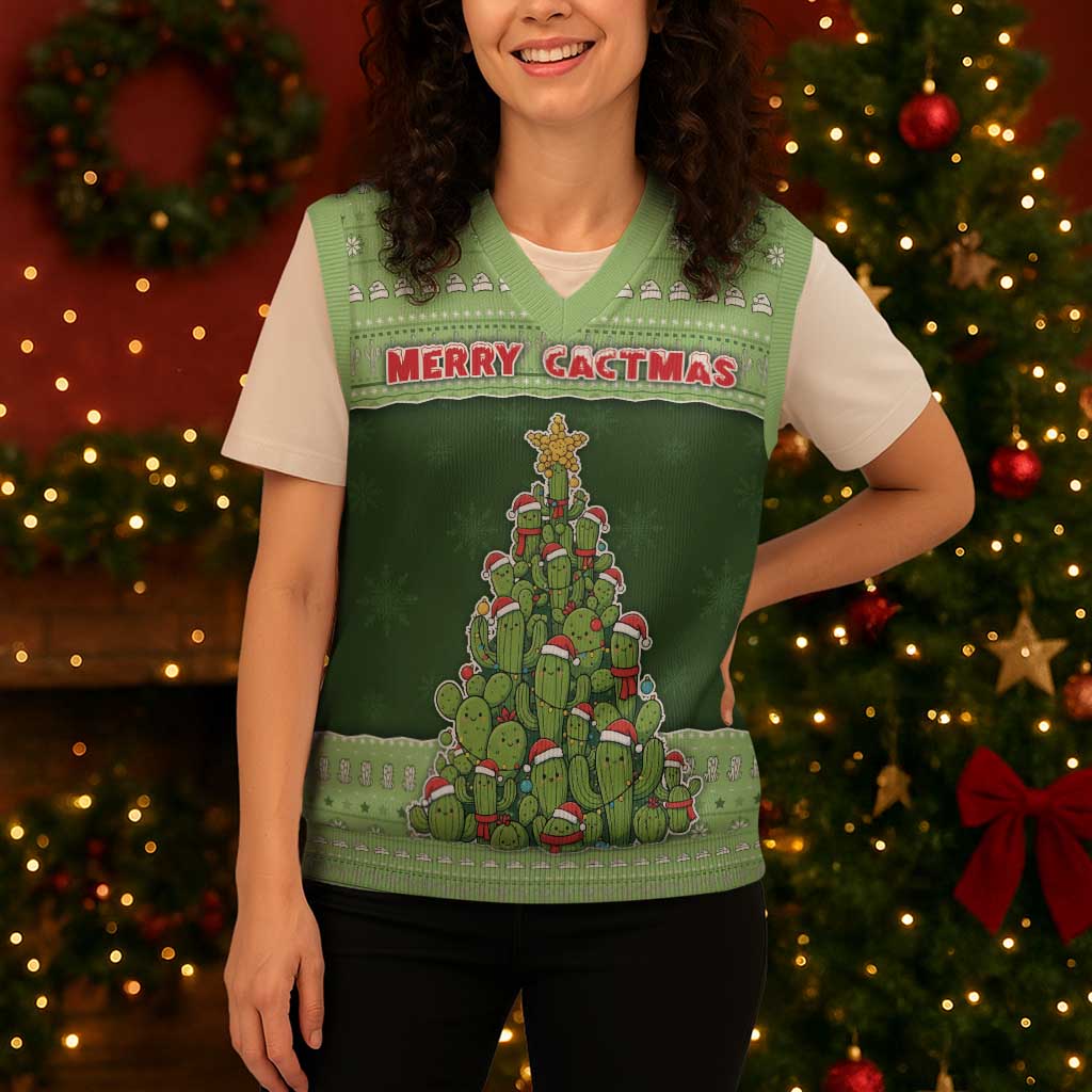 Cactus Christmas Knitted V-Neck Vest Merry Cactmas - Wonder Print Shop