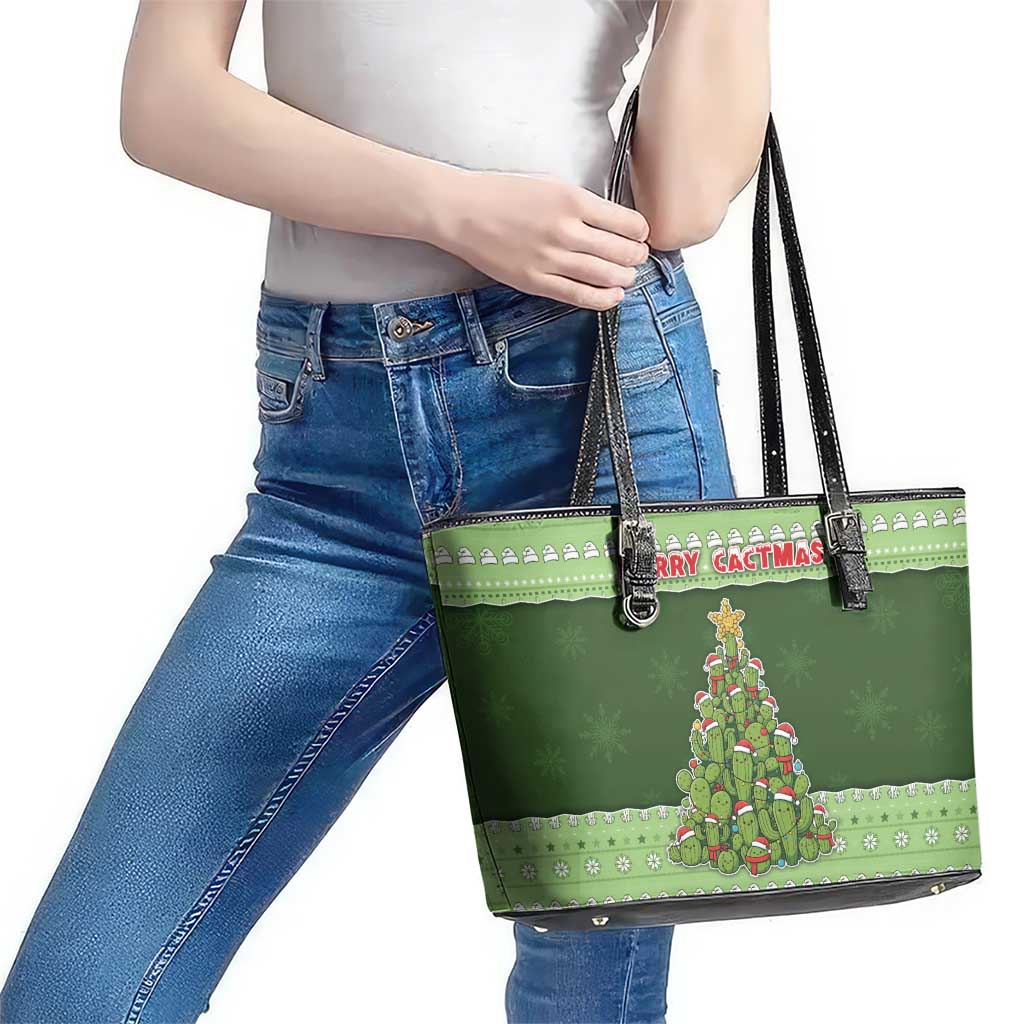 Cactus Christmas Leather Tote Bag Merry Cactmas - Wonder Print Shop