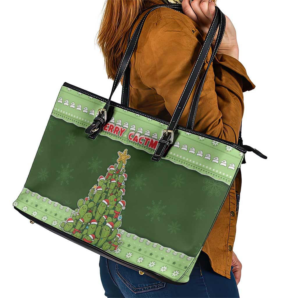 Cactus Christmas Leather Tote Bag Merry Cactmas - Wonder Print Shop
