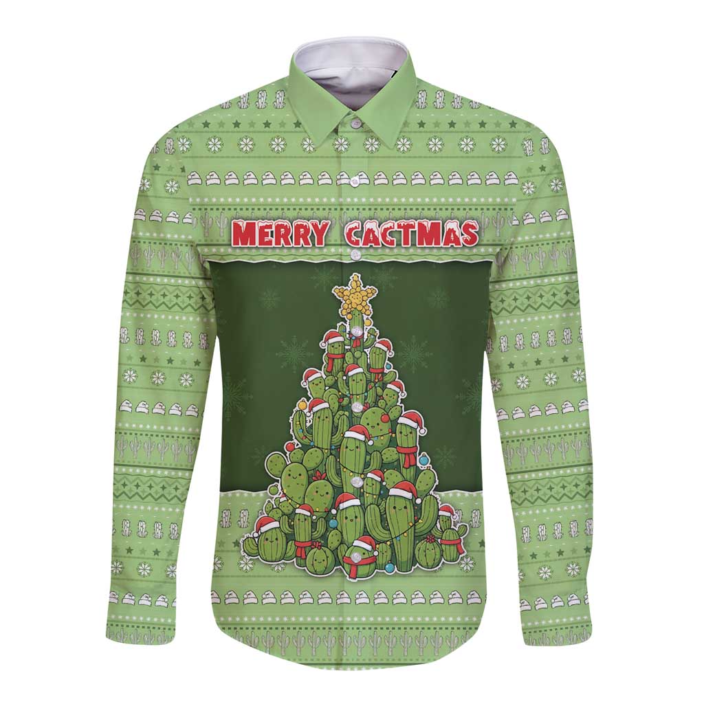Cactus Christmas Long Sleeve Button Shirt Merry Cactmas - Wonder Print Shop