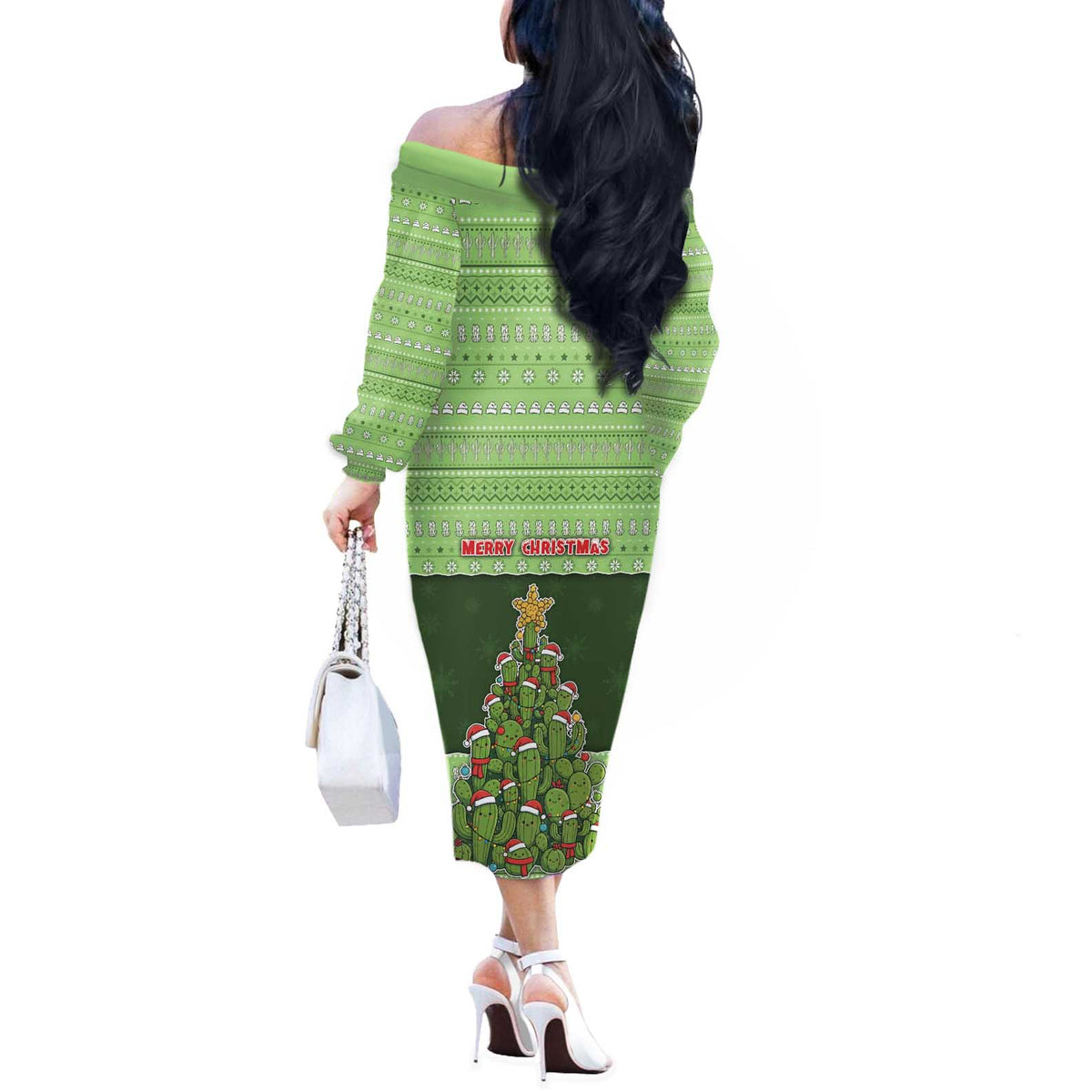 Cactus Christmas Off The Shoulder Long Sleeve Dress Merry Cactmas - Wonder Print Shop