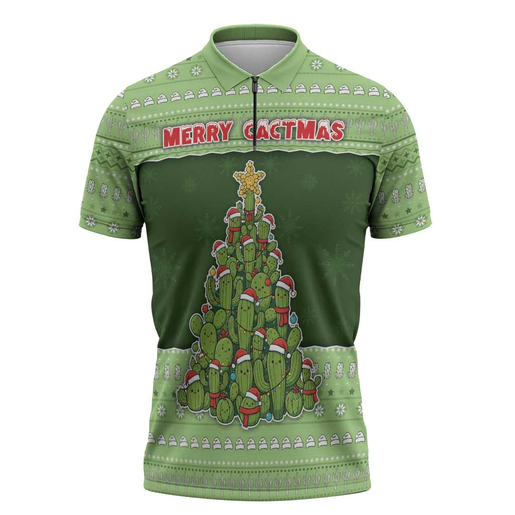Cactus Christmas Zipper Polo Shirt Merry Cactmas - Wonder Print Shop