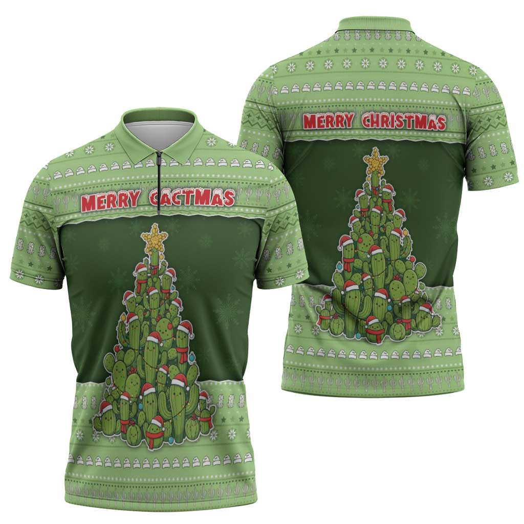 Cactus Christmas Zipper Polo Shirt Merry Cactmas - Wonder Print Shop