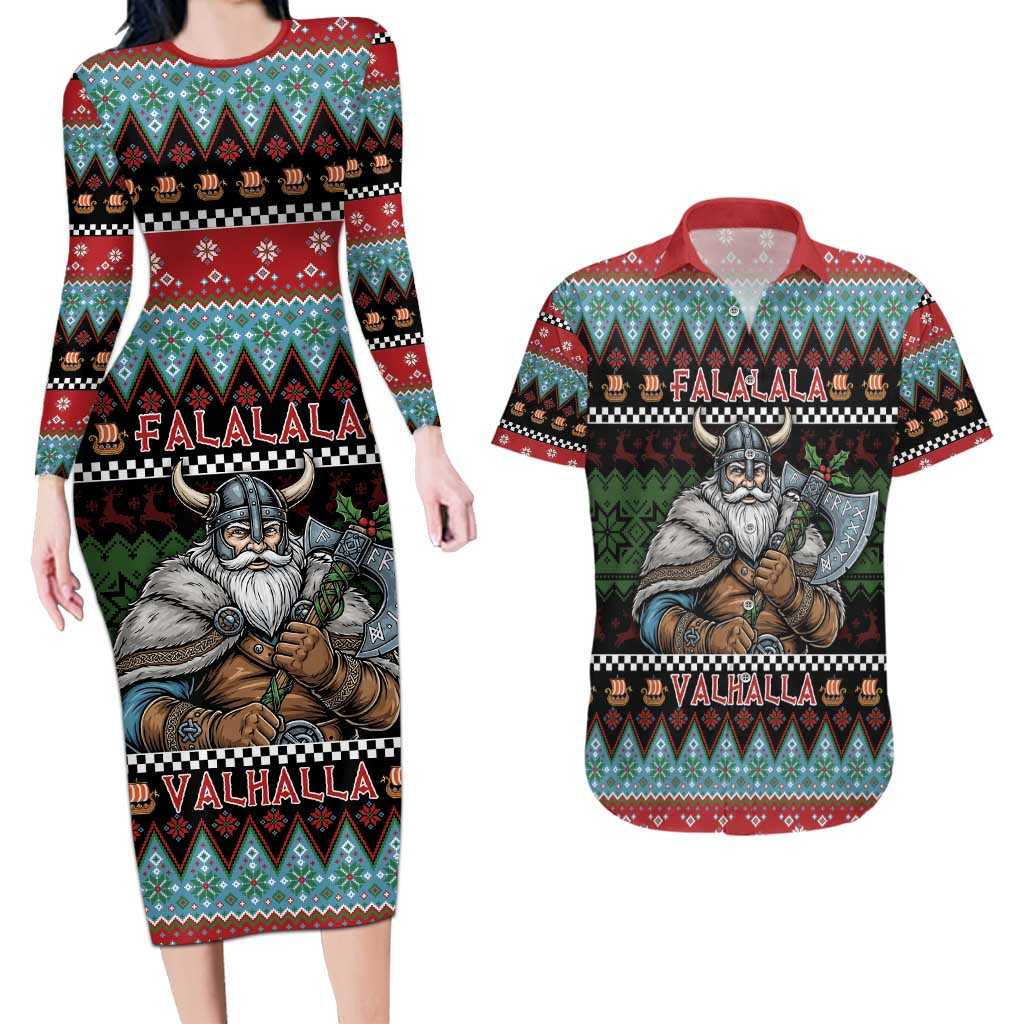 Vikings Christmas Couples Matching Long Sleeve Bodycon Dress and Hawaiian Shirt Warrior Santa - Wonder Print Shop