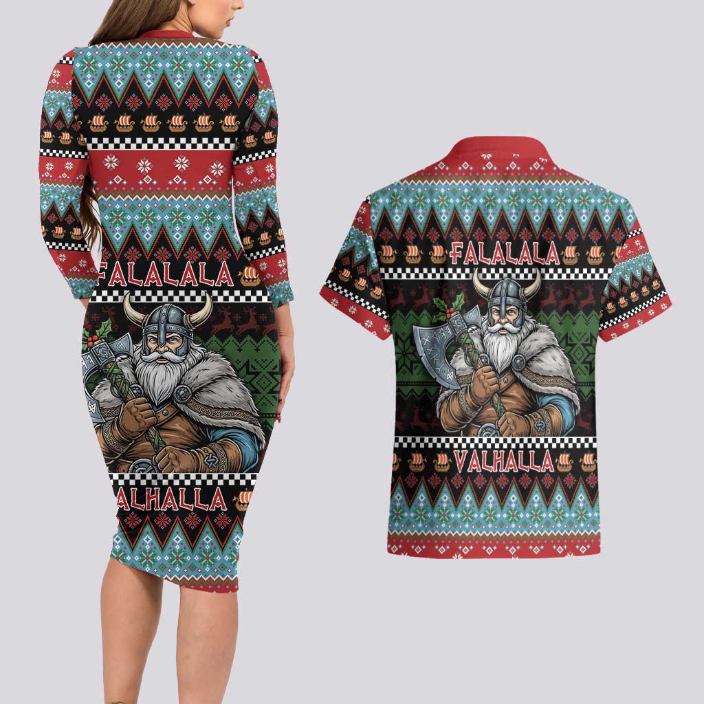 Vikings Christmas Couples Matching Long Sleeve Bodycon Dress and Hawaiian Shirt Warrior Santa - Wonder Print Shop