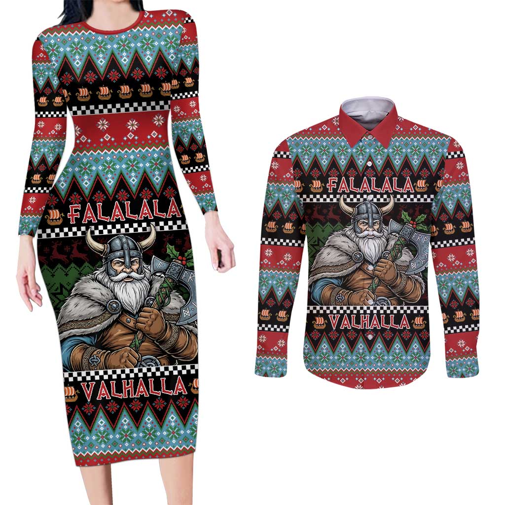 Vikings Christmas Couples Matching Long Sleeve Bodycon Dress and Long Sleeve Button Shirt Warrior Santa - Wonder Print Shop