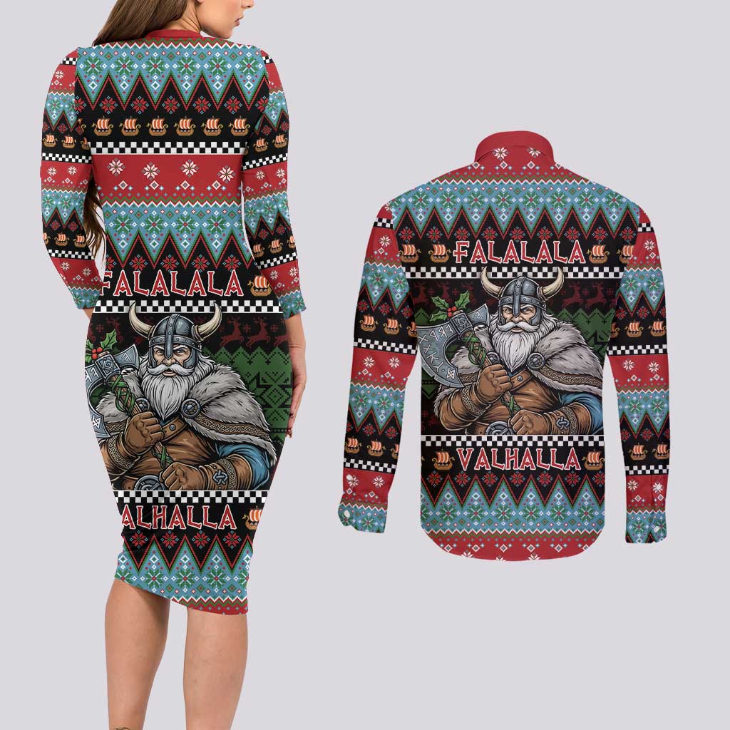Vikings Christmas Couples Matching Long Sleeve Bodycon Dress and Long Sleeve Button Shirt Warrior Santa - Wonder Print Shop