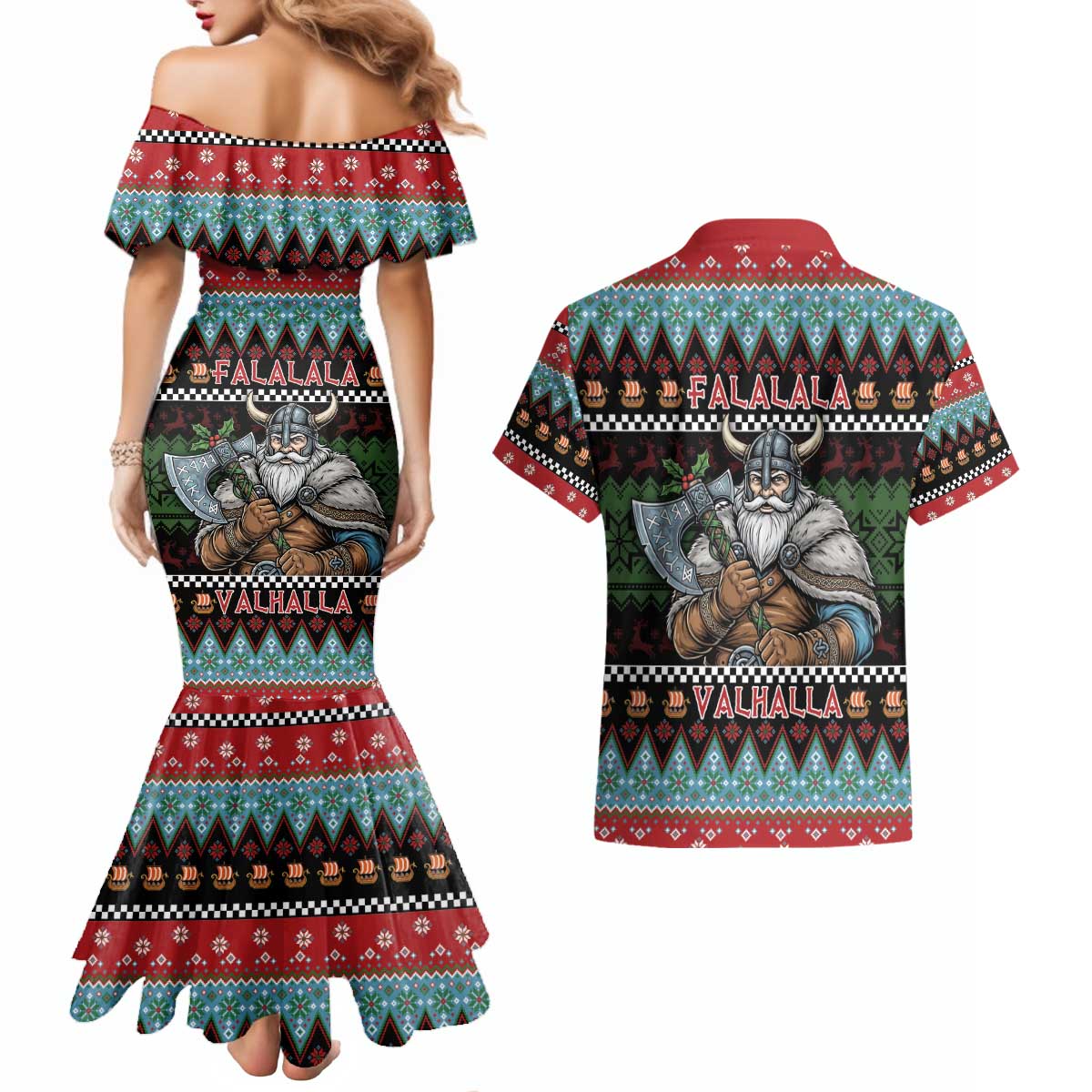 Vikings Christmas Couples Matching Mermaid Dress and Hawaiian Shirt Warrior Santa - Wonder Print Shop