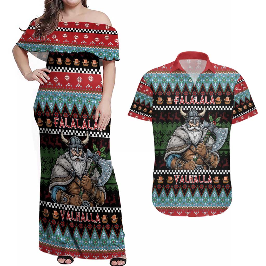 Vikings Christmas Couples Matching Off Shoulder Maxi Dress and Hawaiian Shirt Warrior Santa - Wonder Print Shop