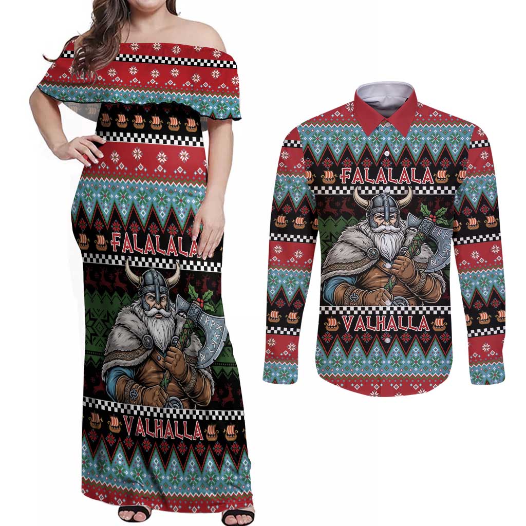 Vikings Christmas Couples Matching Off Shoulder Maxi Dress and Long Sleeve Button Shirt Warrior Santa - Wonder Print Shop