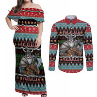 Vikings Christmas Couples Matching Off Shoulder Maxi Dress and Long Sleeve Button Shirt Warrior Santa - Wonder Print Shop