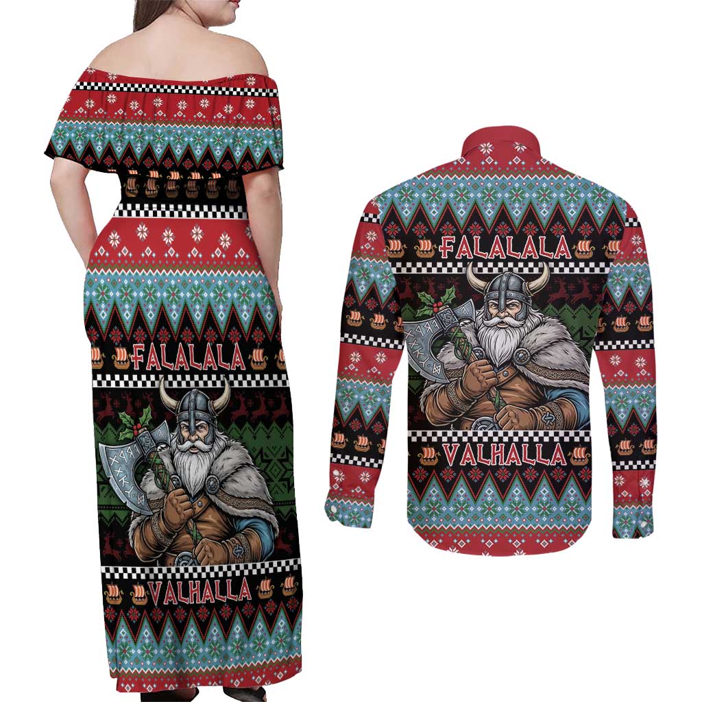Vikings Christmas Couples Matching Off Shoulder Maxi Dress and Long Sleeve Button Shirt Warrior Santa - Wonder Print Shop