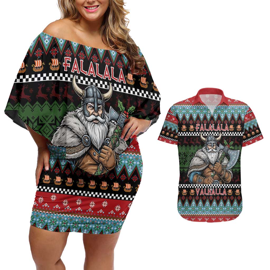 Vikings Christmas Couples Matching Off Shoulder Short Dress and Hawaiian Shirt Warrior Santa - Wonder Print Shop