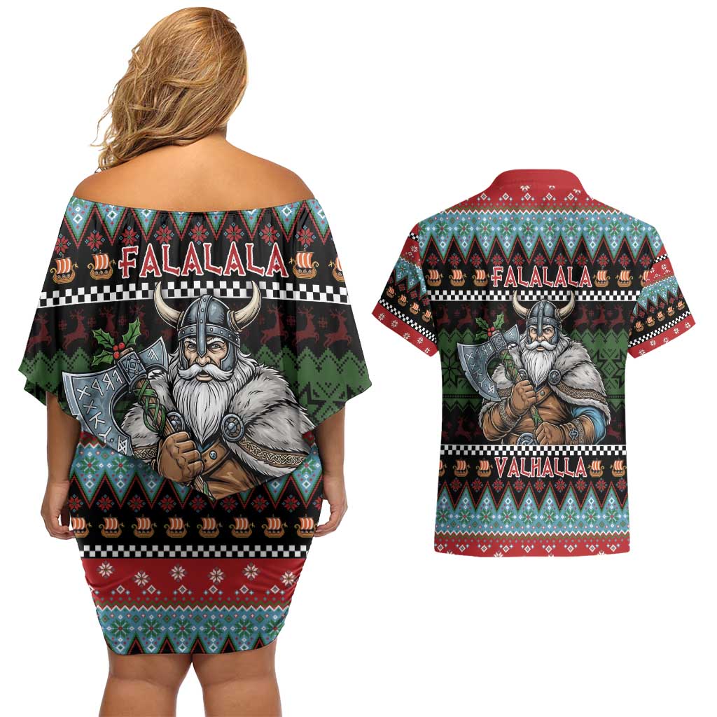Vikings Christmas Couples Matching Off Shoulder Short Dress and Hawaiian Shirt Warrior Santa - Wonder Print Shop