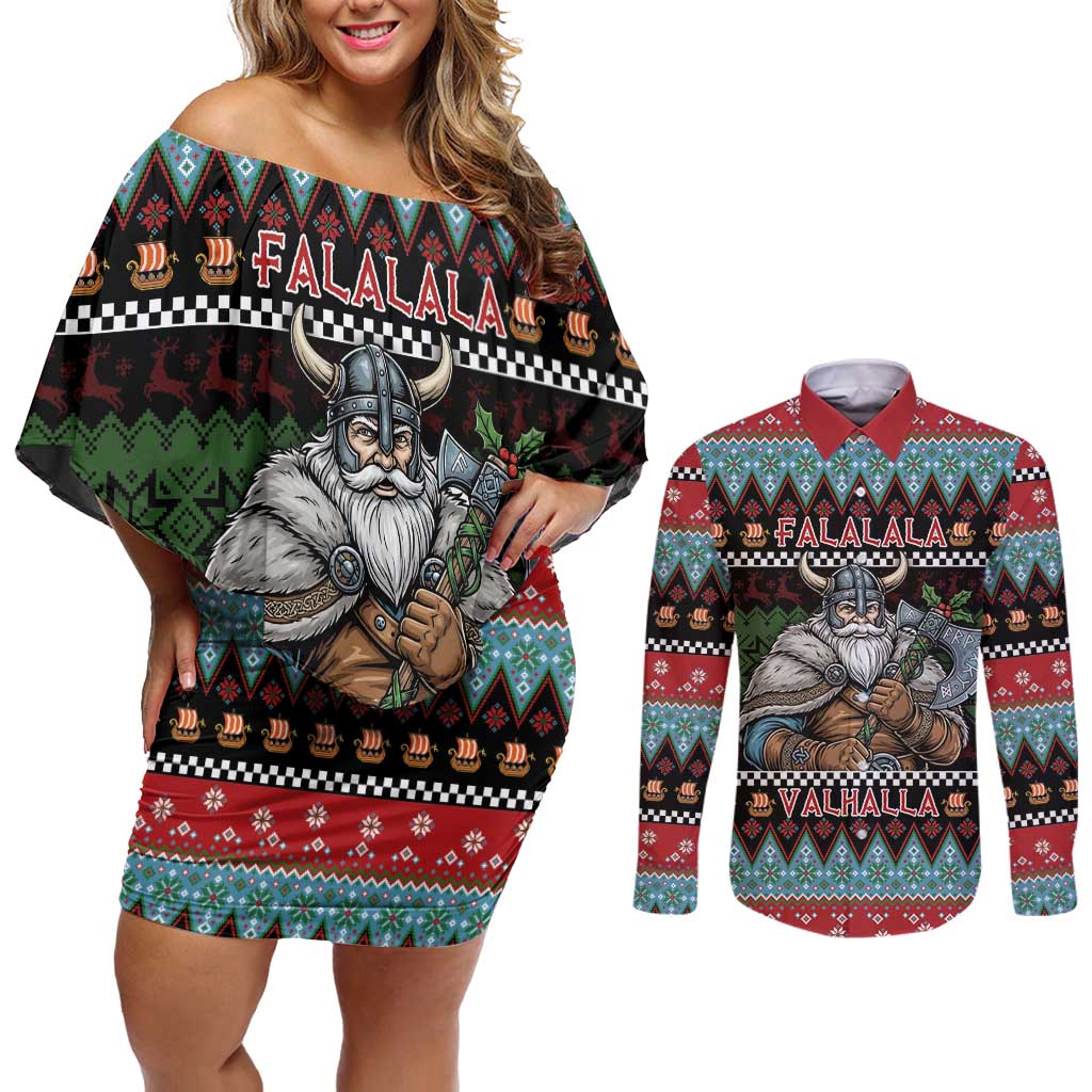 Vikings Christmas Couples Matching Off Shoulder Short Dress and Long Sleeve Button Shirt Warrior Santa - Wonder Print Shop