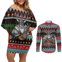 Vikings Christmas Couples Matching Off Shoulder Short Dress and Long Sleeve Button Shirt Warrior Santa - Wonder Print Shop