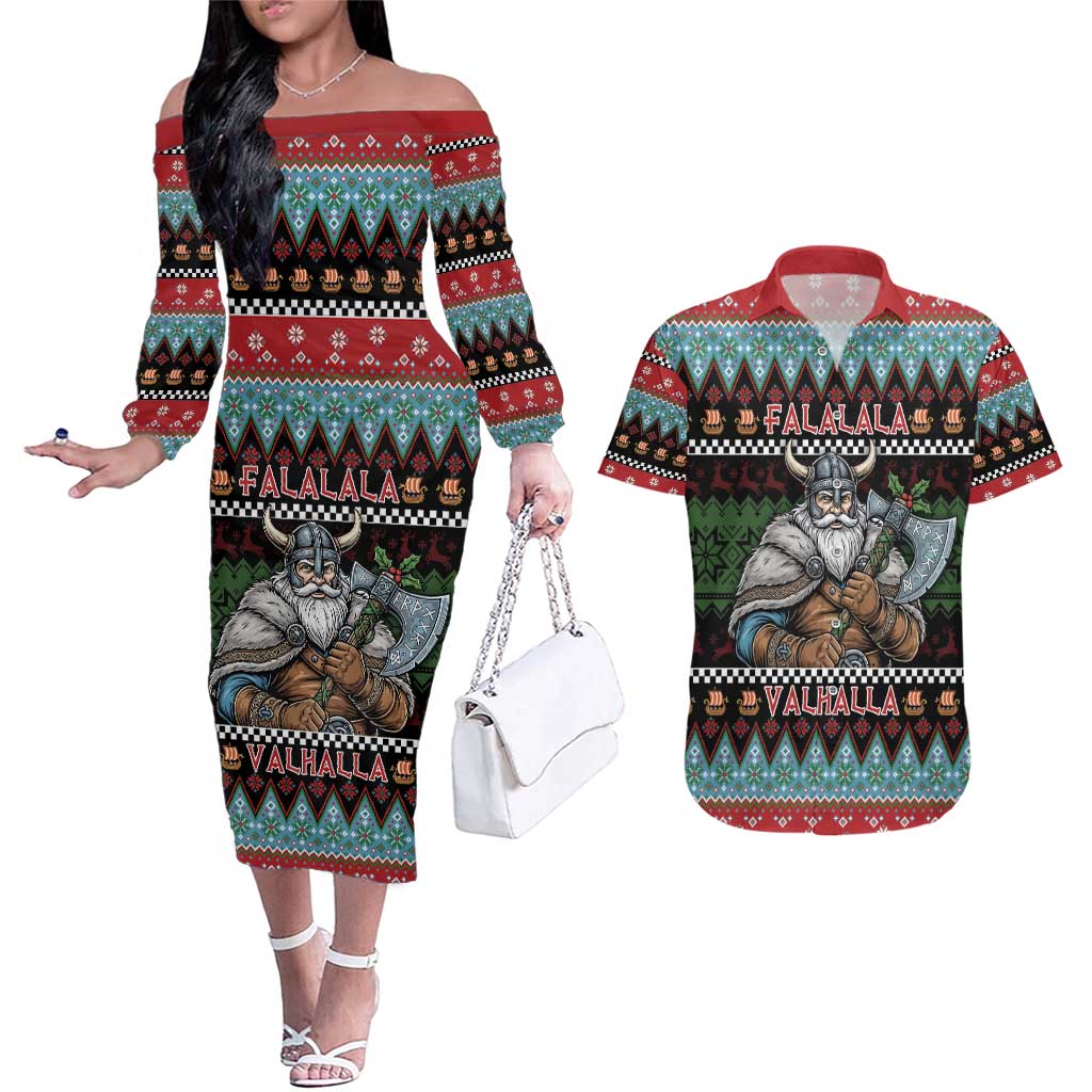 Vikings Christmas Couples Matching Off The Shoulder Long Sleeve Dress and Hawaiian Shirt Warrior Santa - Wonder Print Shop