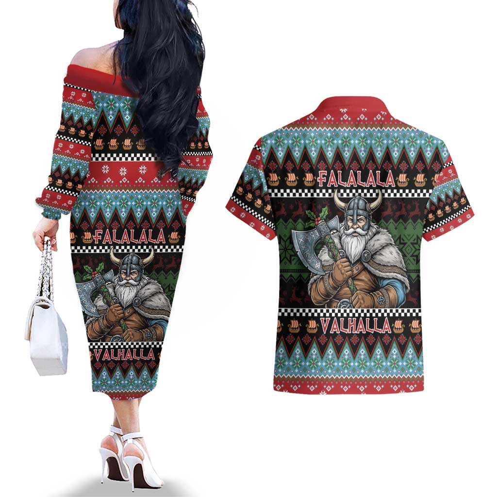 Vikings Christmas Couples Matching Off The Shoulder Long Sleeve Dress and Hawaiian Shirt Warrior Santa - Wonder Print Shop