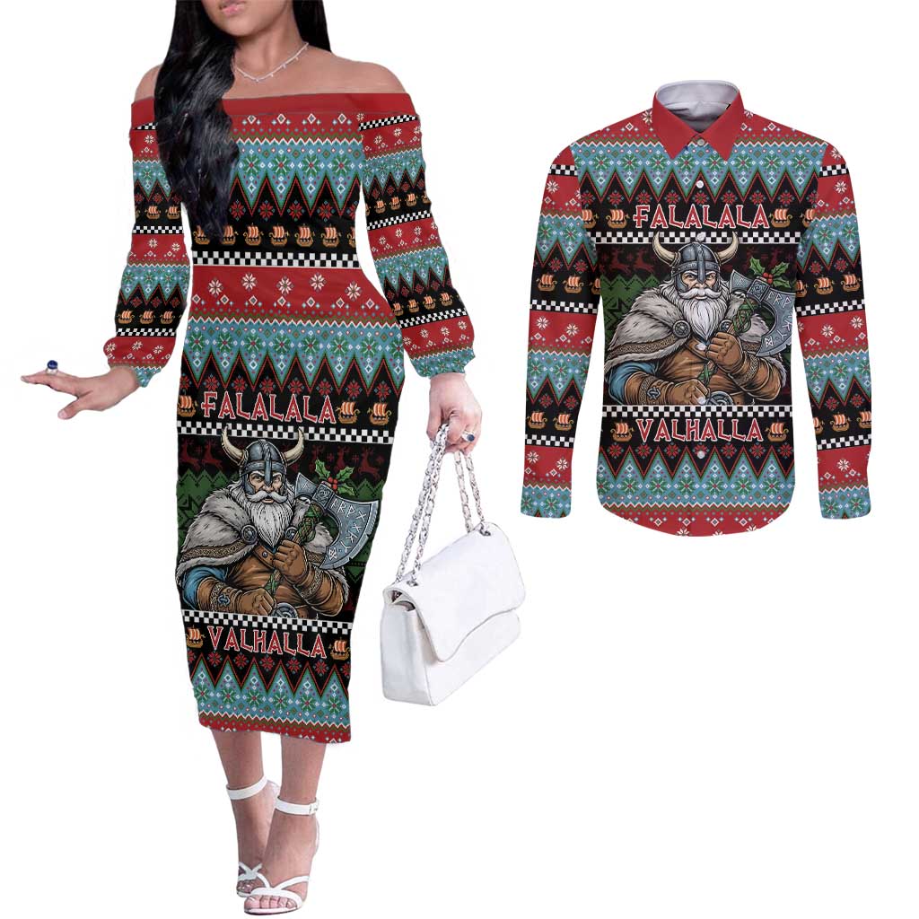 Vikings Christmas Couples Matching Off The Shoulder Long Sleeve Dress and Long Sleeve Button Shirt Warrior Santa - Wonder Print Shop