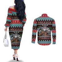 Vikings Christmas Couples Matching Off The Shoulder Long Sleeve Dress and Long Sleeve Button Shirt Warrior Santa - Wonder Print Shop