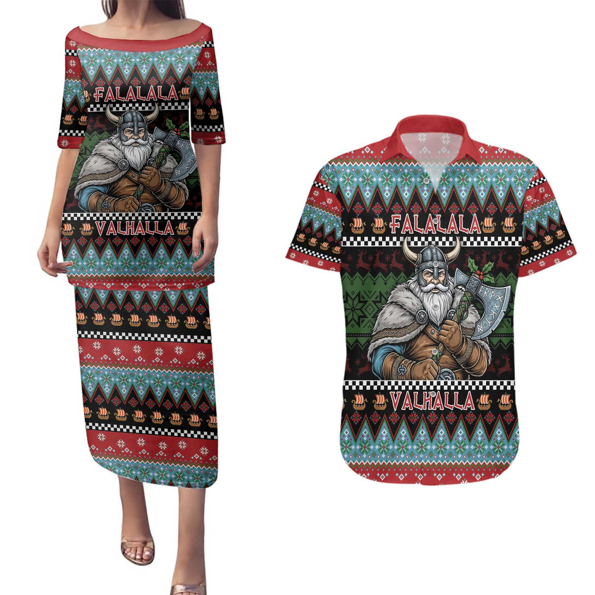 Vikings Christmas Couples Matching Puletasi and Hawaiian Shirt Warrior Santa - Wonder Print Shop