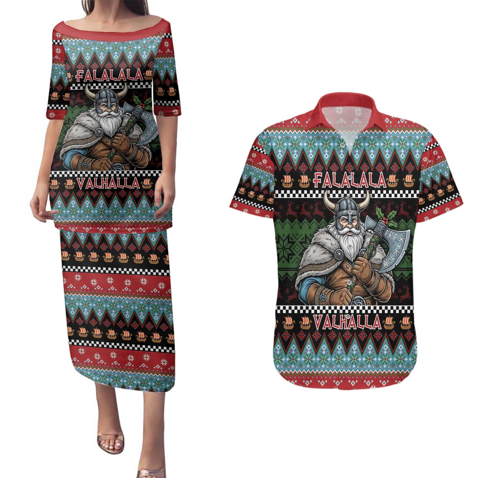 Vikings Christmas Couples Matching Puletasi and Hawaiian Shirt Warrior Santa - Wonder Print Shop