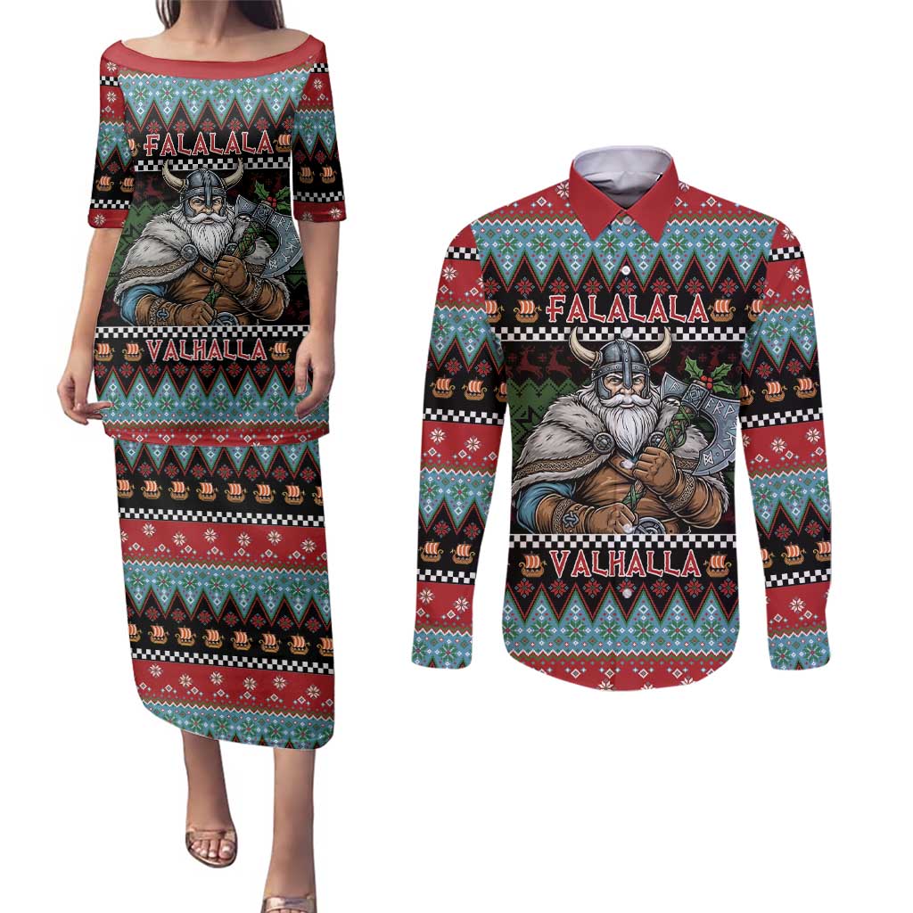 Vikings Christmas Couples Matching Puletasi and Long Sleeve Button Shirt Warrior Santa - Wonder Print Shop
