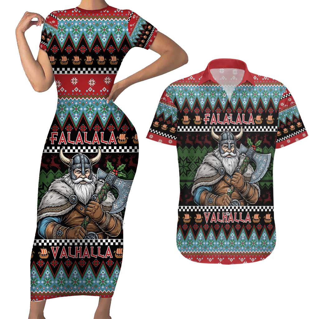 Vikings Christmas Couples Matching Short Sleeve Bodycon Dress and Hawaiian Shirt Warrior Santa - Wonder Print Shop