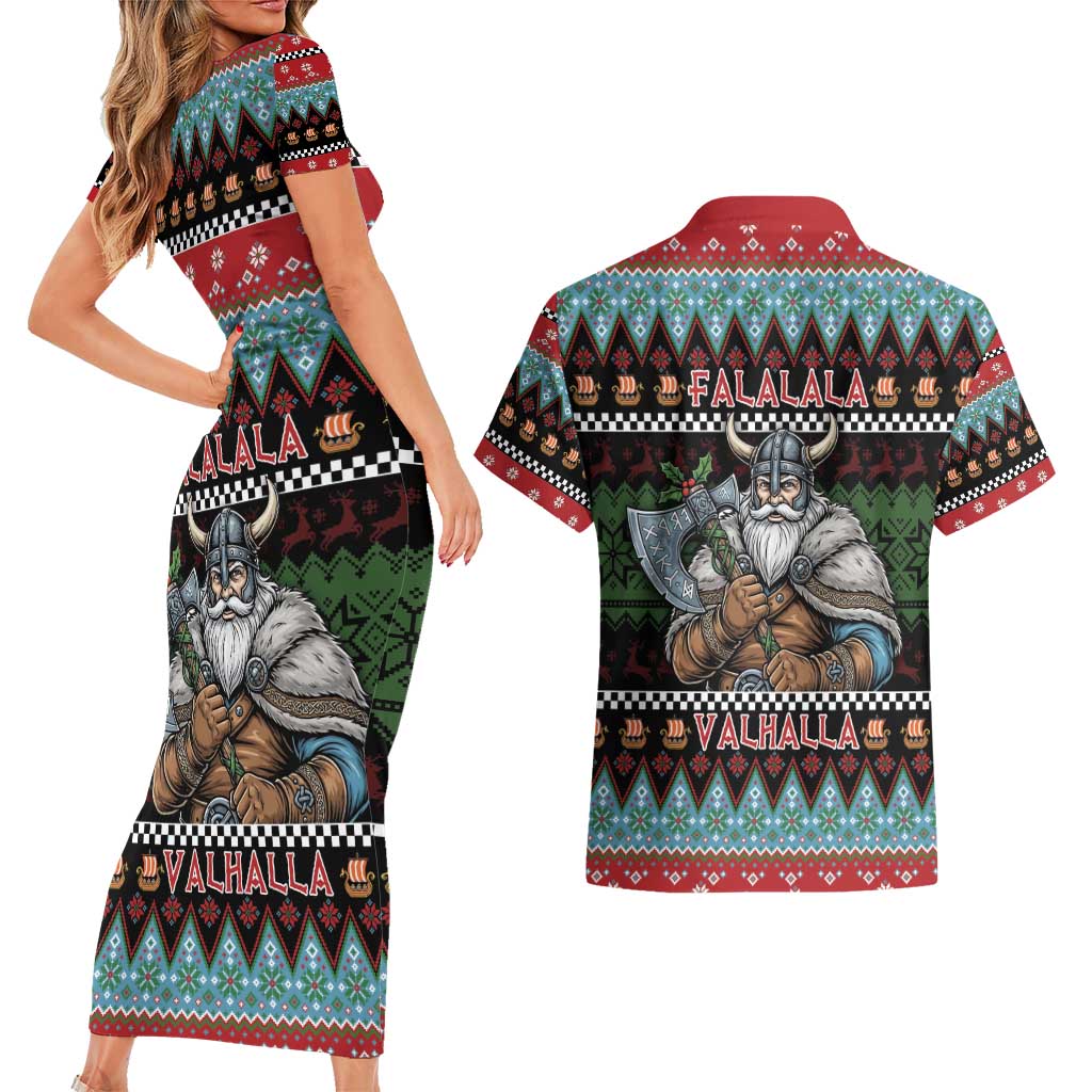 Vikings Christmas Couples Matching Short Sleeve Bodycon Dress and Hawaiian Shirt Warrior Santa - Wonder Print Shop