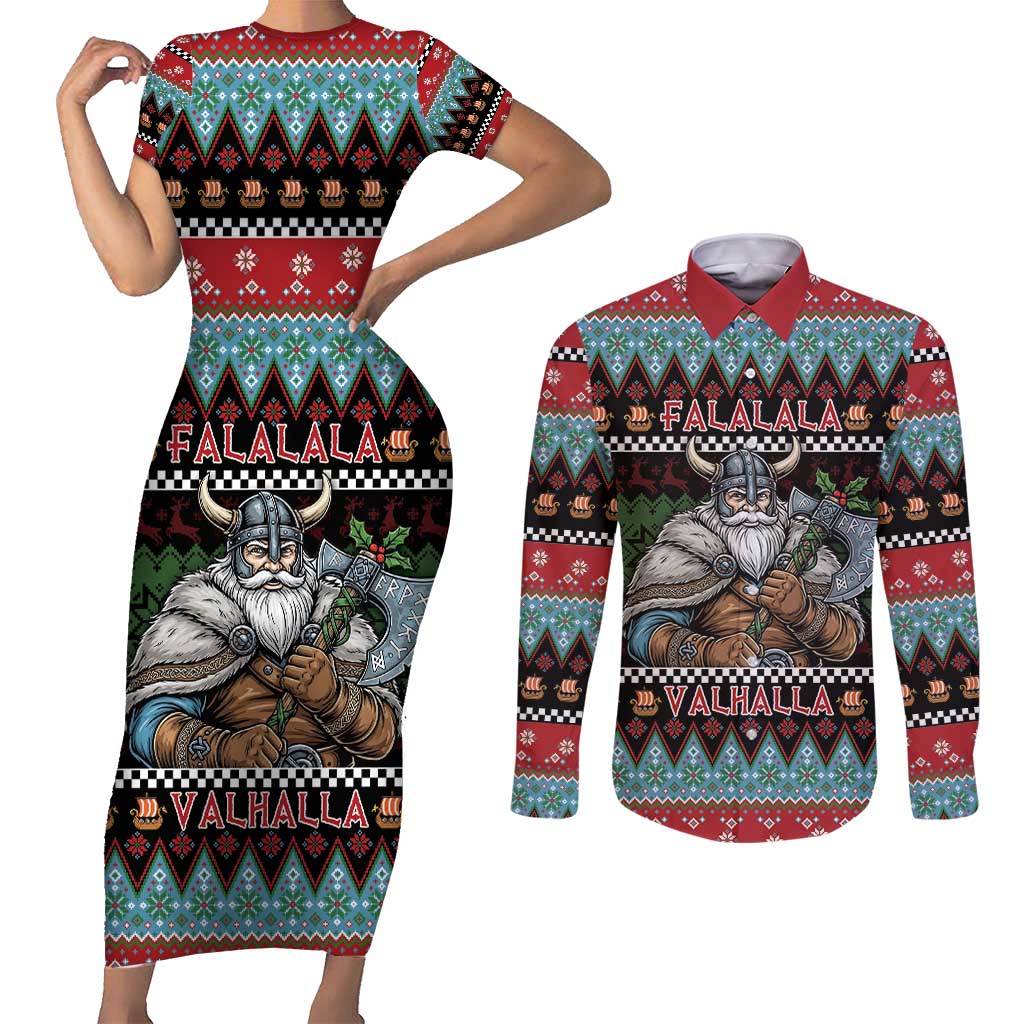 Vikings Christmas Couples Matching Short Sleeve Bodycon Dress and Long Sleeve Button Shirt Warrior Santa - Wonder Print Shop