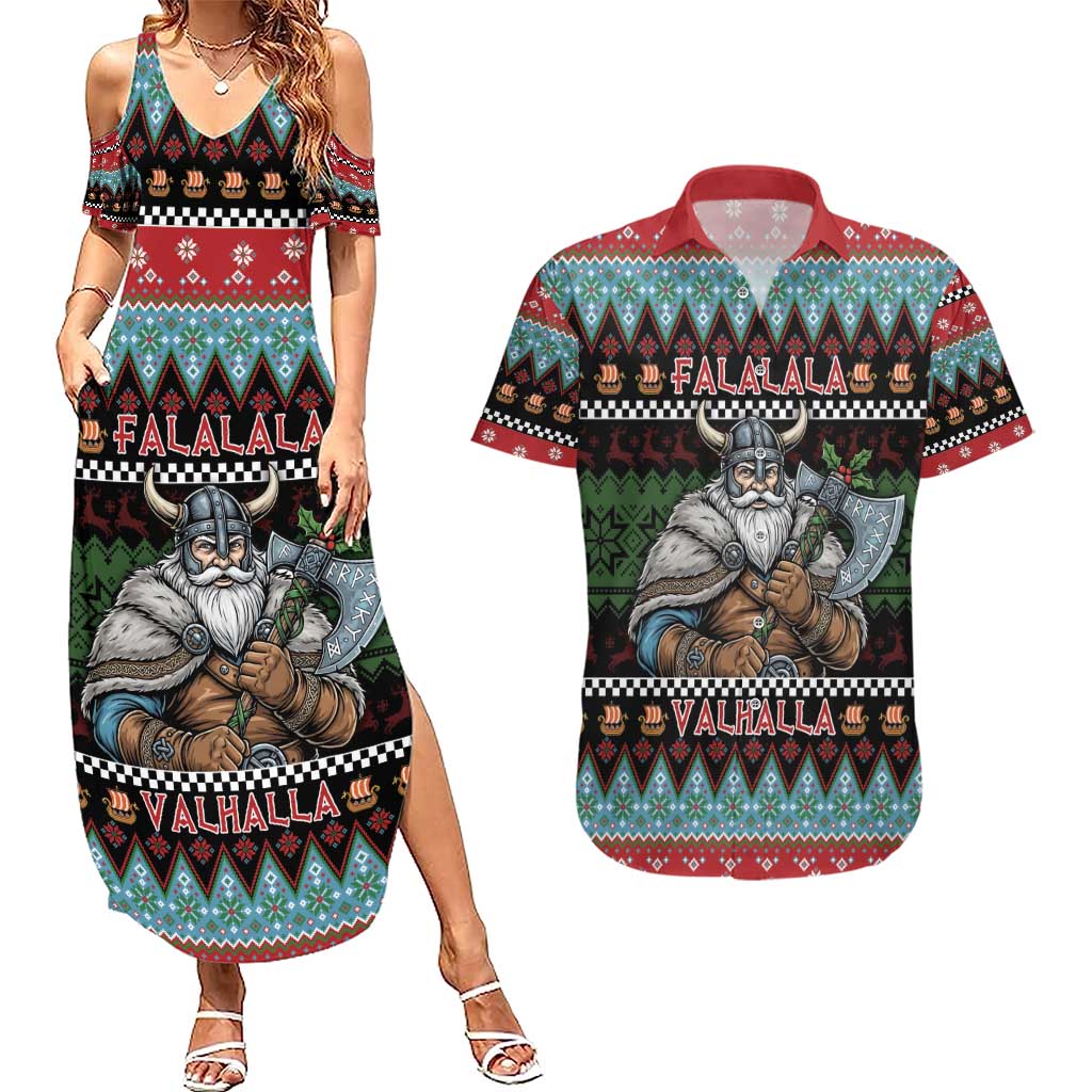 Vikings Christmas Couples Matching Summer Maxi Dress and Hawaiian Shirt Warrior Santa - Wonder Print Shop