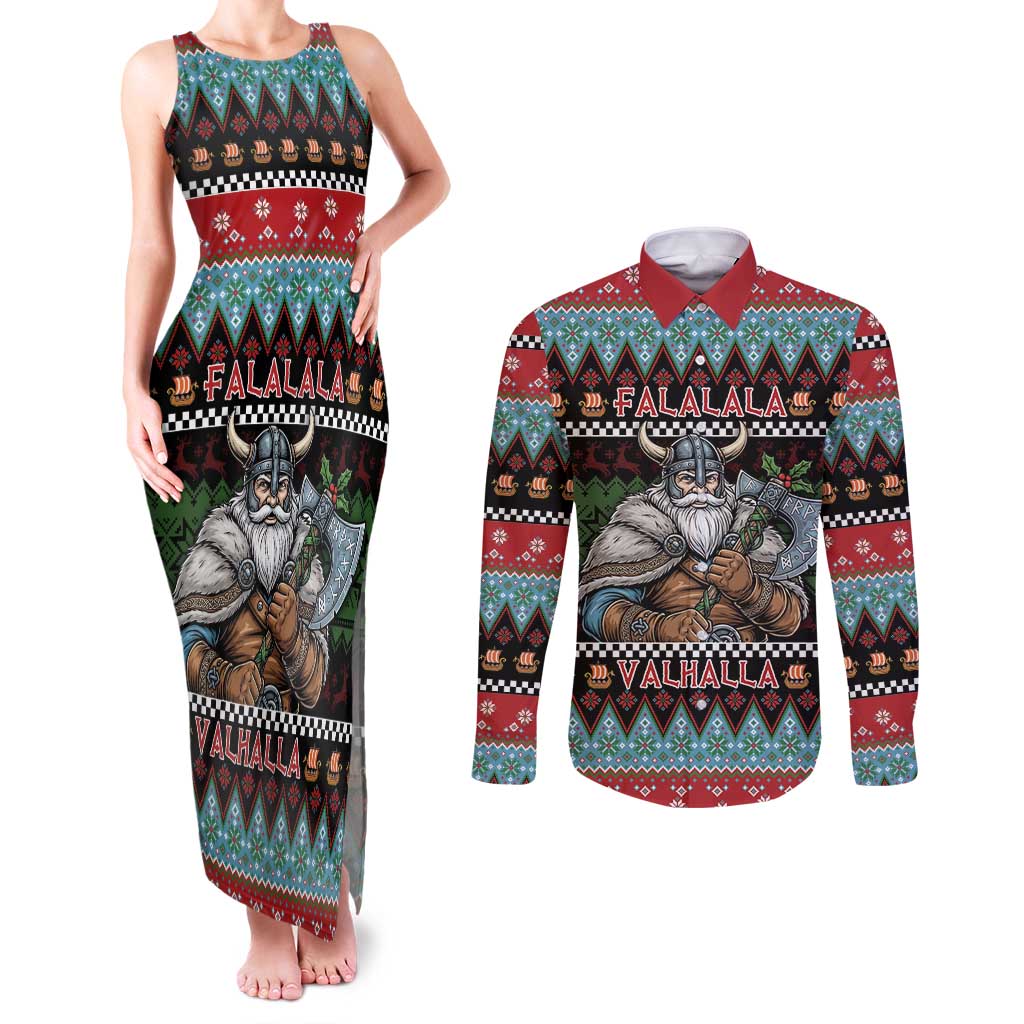 Vikings Christmas Couples Matching Tank Maxi Dress and Long Sleeve Button Shirt Warrior Santa - Wonder Print Shop