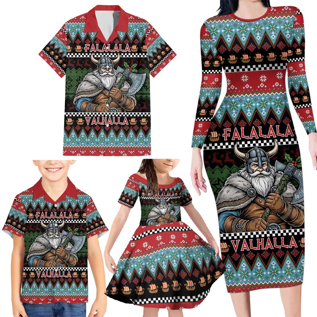 Vikings Christmas Family Matching Long Sleeve Bodycon Dress and Hawaiian Shirt Warrior Santa - Wonder Print Shop