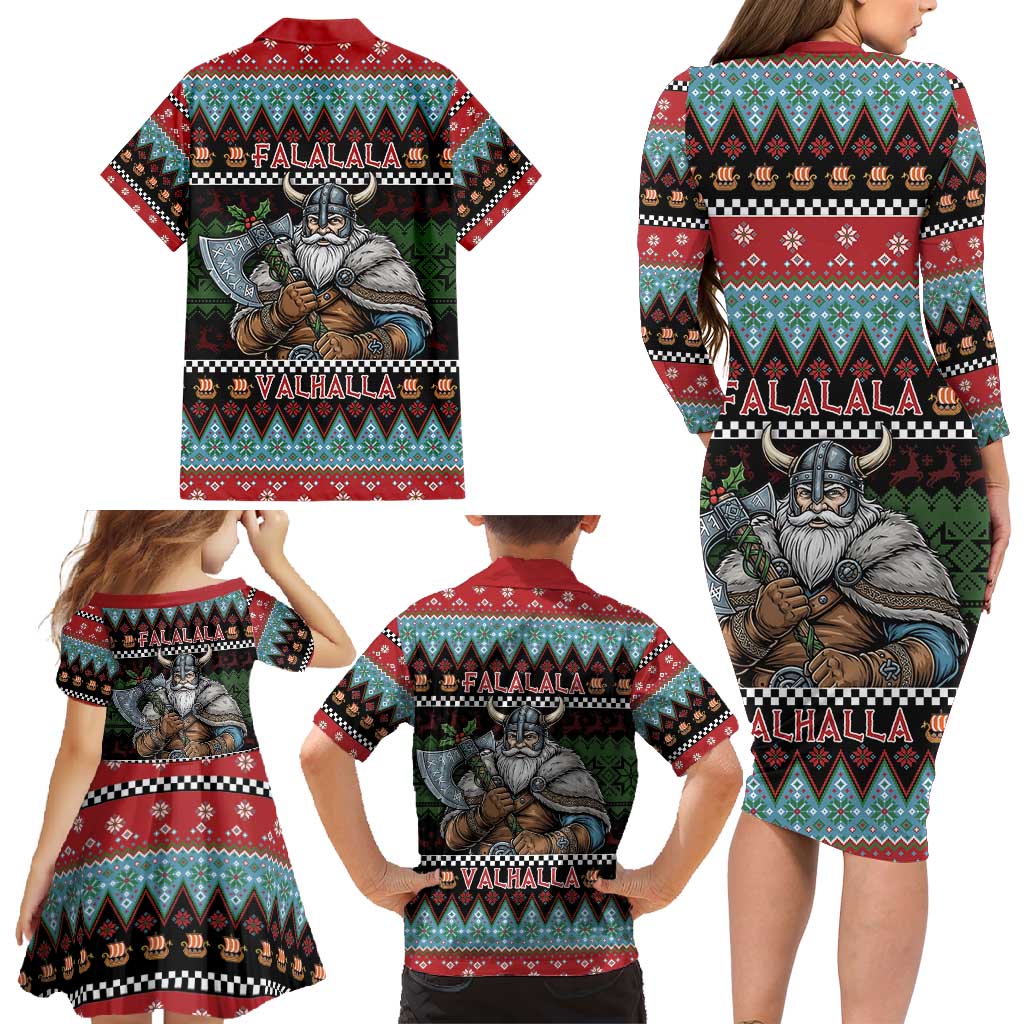 Vikings Christmas Family Matching Long Sleeve Bodycon Dress and Hawaiian Shirt Warrior Santa - Wonder Print Shop