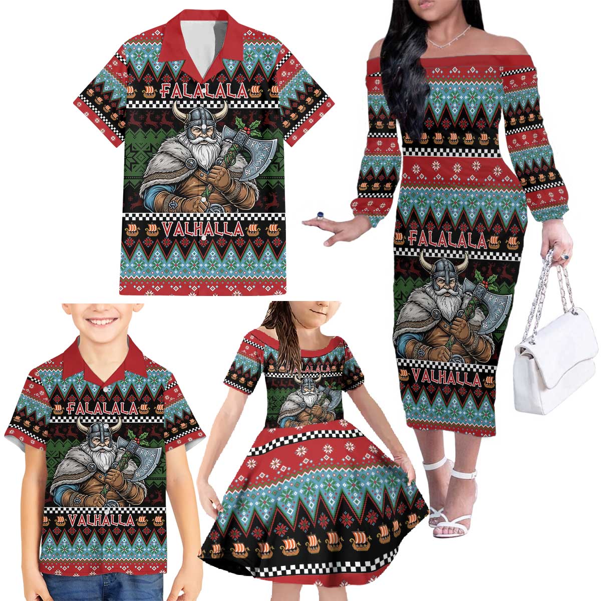 Vikings Christmas Family Matching Off The Shoulder Long Sleeve Dress and Hawaiian Shirt Warrior Santa - Wonder Print Shop