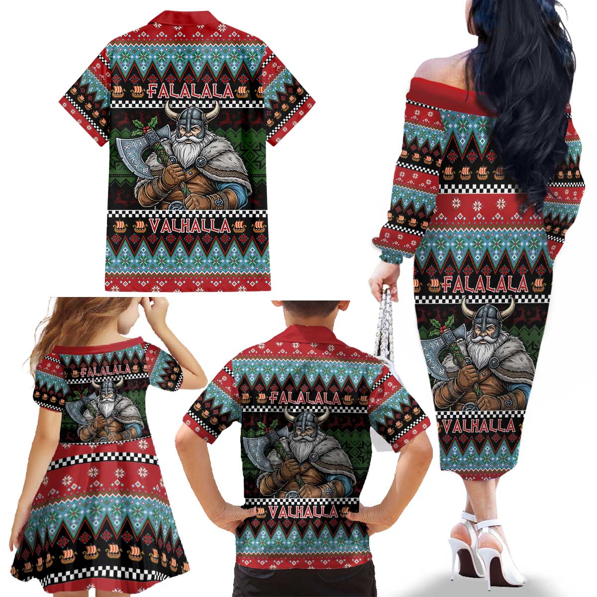Vikings Christmas Family Matching Off The Shoulder Long Sleeve Dress and Hawaiian Shirt Warrior Santa - Wonder Print Shop
