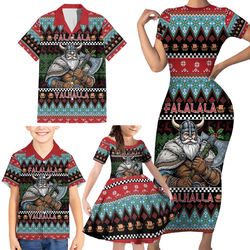 Vikings Christmas Family Matching Short Sleeve Bodycon Dress and Hawaiian Shirt Warrior Santa - Wonder Print Shop