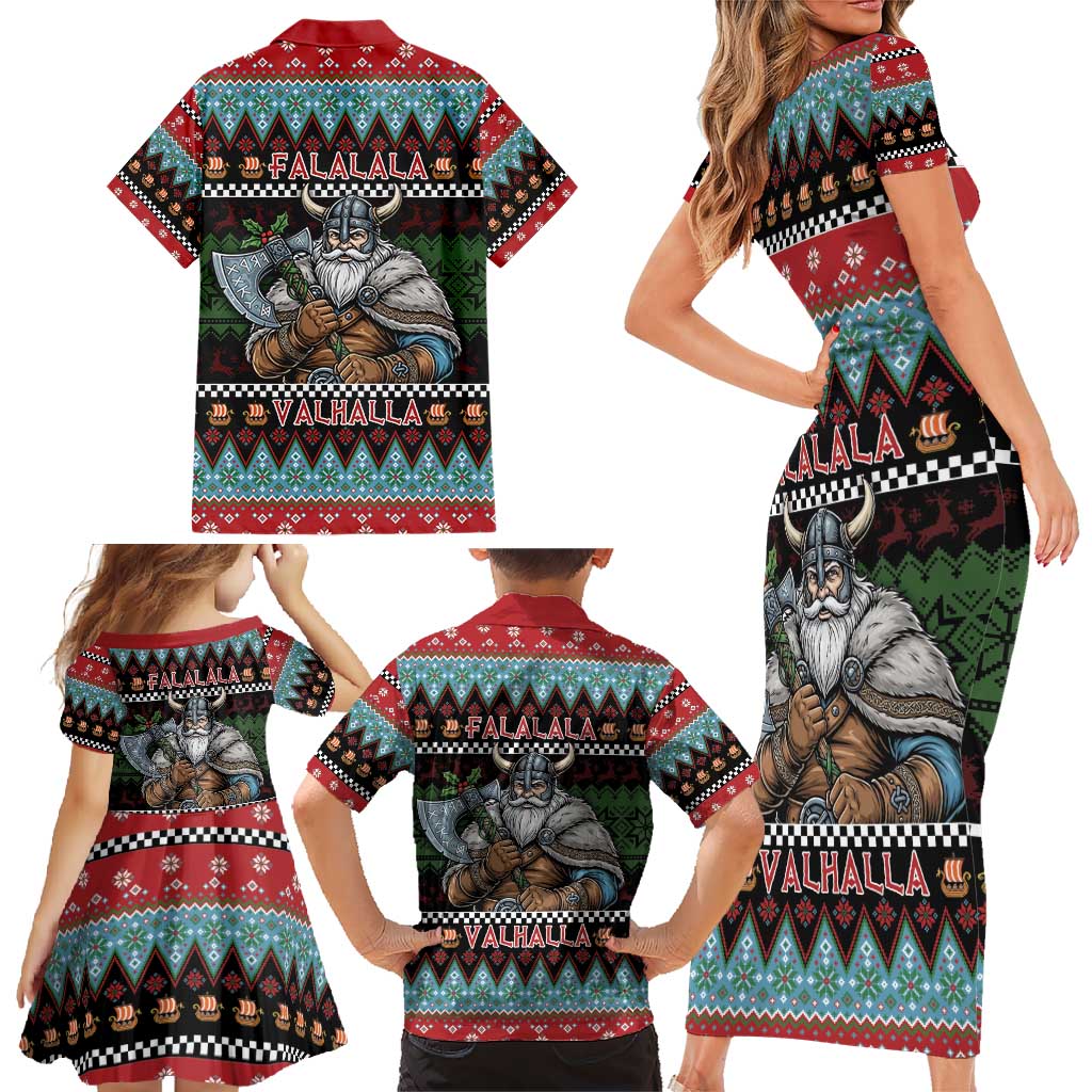 Vikings Christmas Family Matching Short Sleeve Bodycon Dress and Hawaiian Shirt Warrior Santa - Wonder Print Shop
