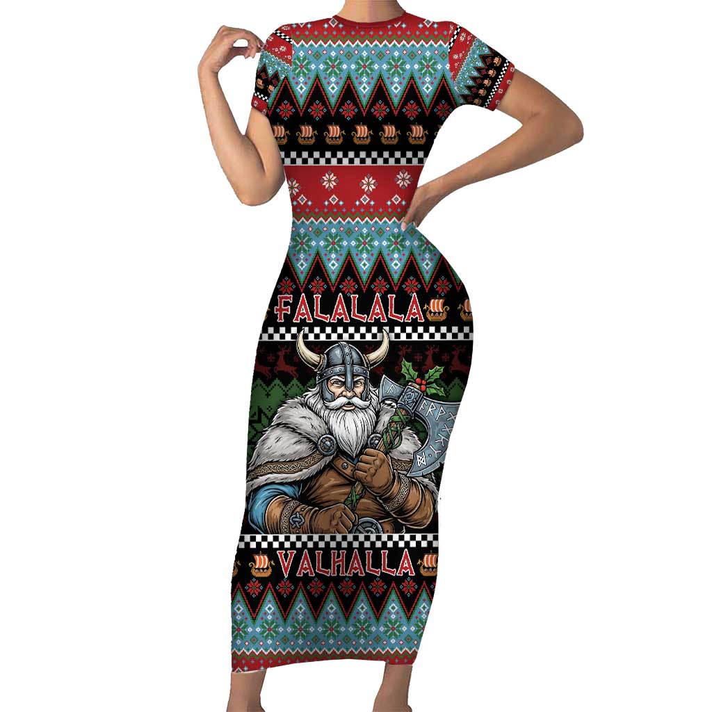 Vikings Christmas Family Matching Short Sleeve Bodycon Dress and Hawaiian Shirt Warrior Santa - Wonder Print Shop