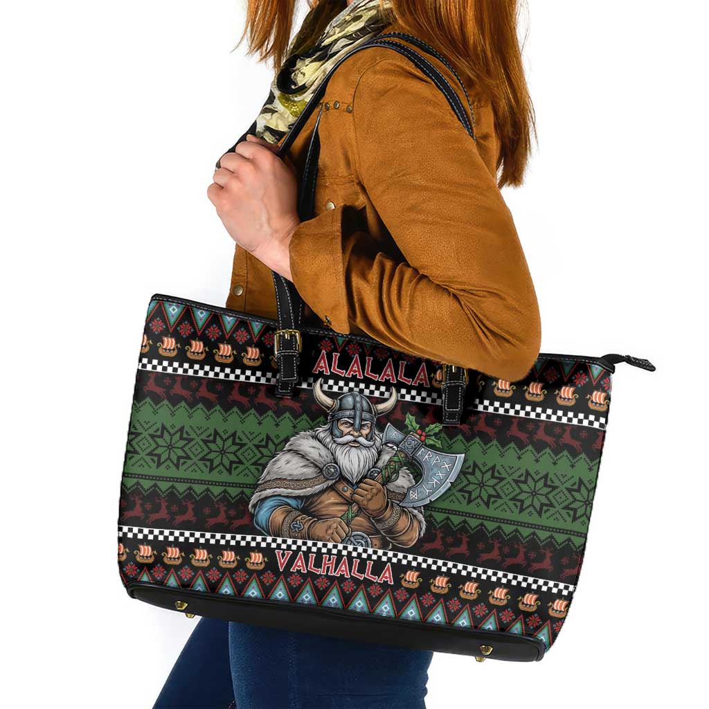 Vikings Christmas Leather Tote Bag Warrior Santa - Wonder Print Shop