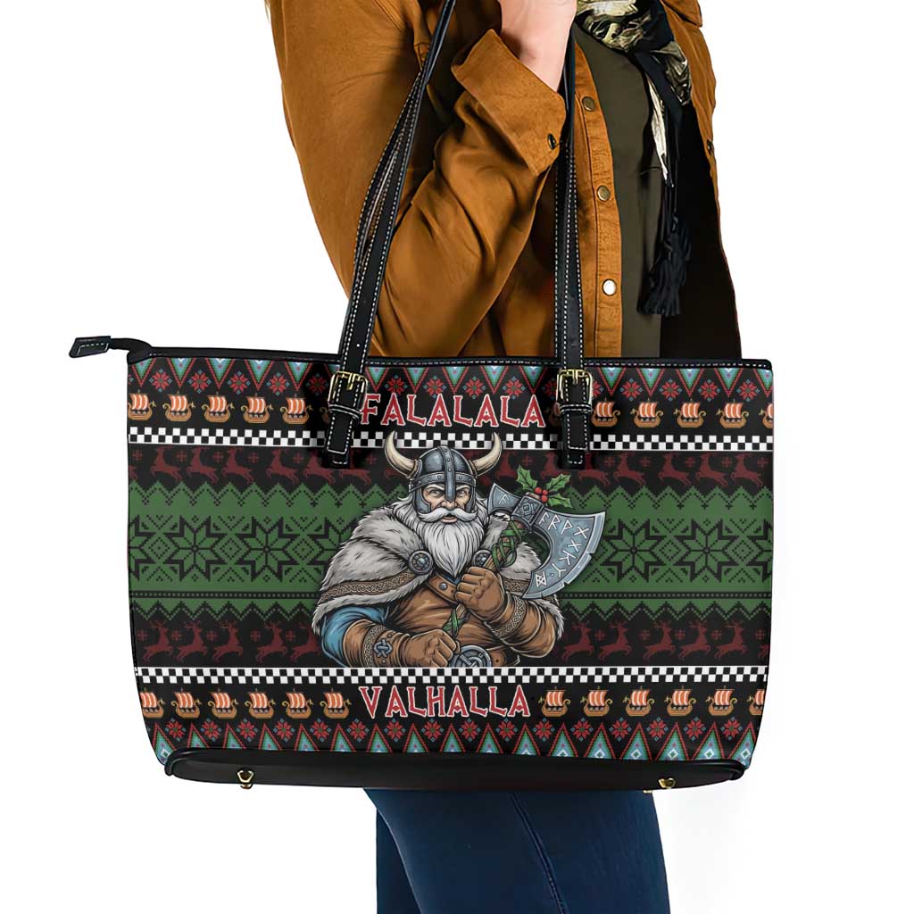 Vikings Christmas Leather Tote Bag Warrior Santa - Wonder Print Shop