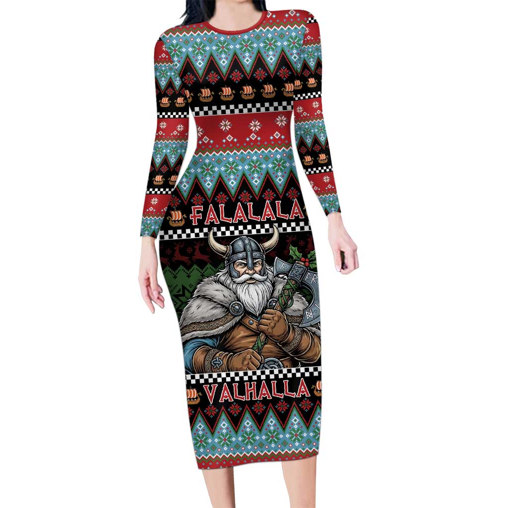 Vikings Christmas Long Sleeve Bodycon Dress Warrior Santa - Wonder Print Shop