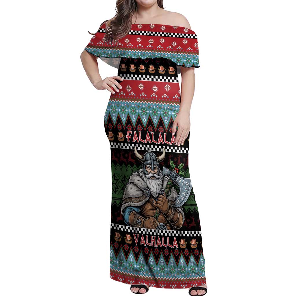 Vikings Christmas Off Shoulder Maxi Dress Warrior Santa - Wonder Print Shop