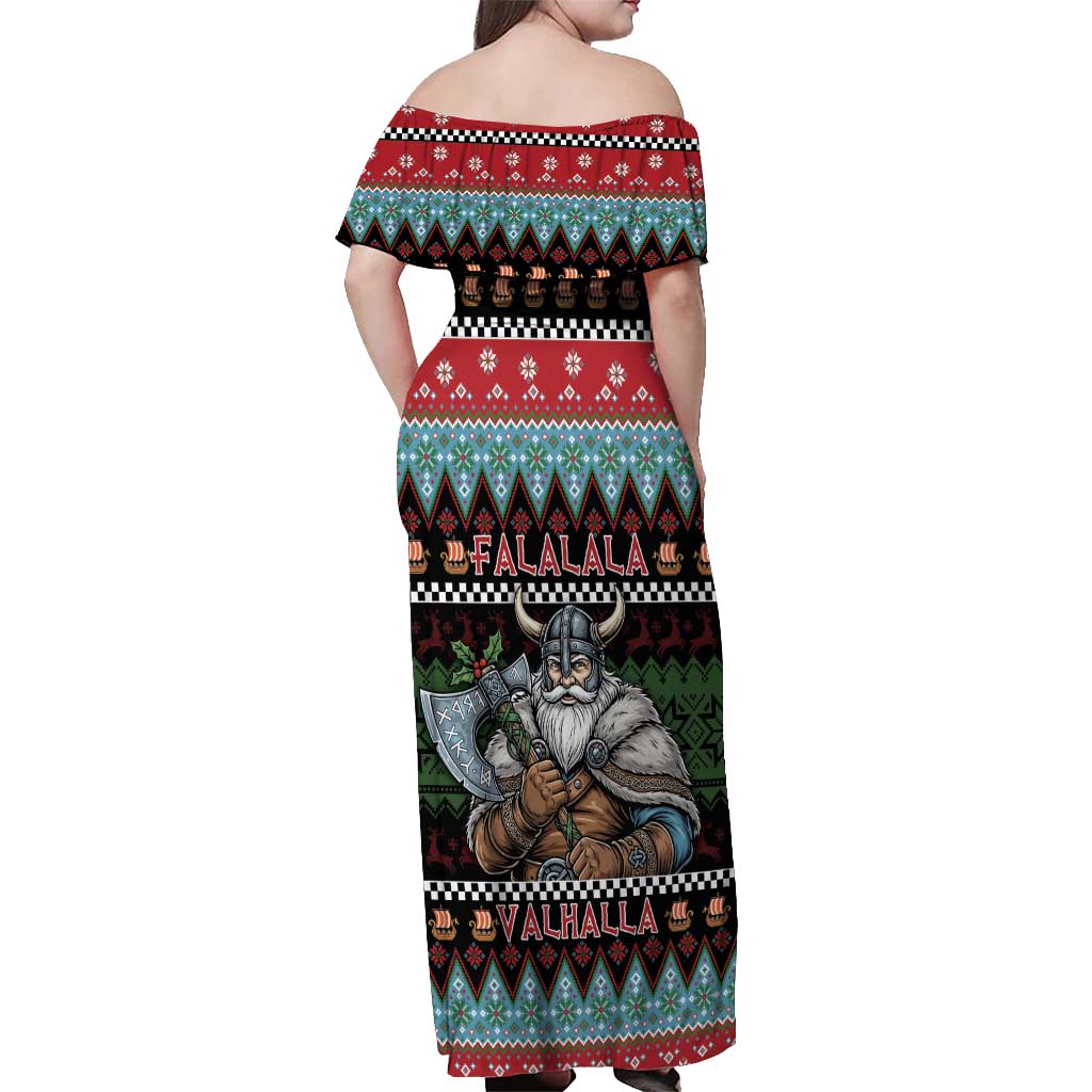 Vikings Christmas Off Shoulder Maxi Dress Warrior Santa - Wonder Print Shop