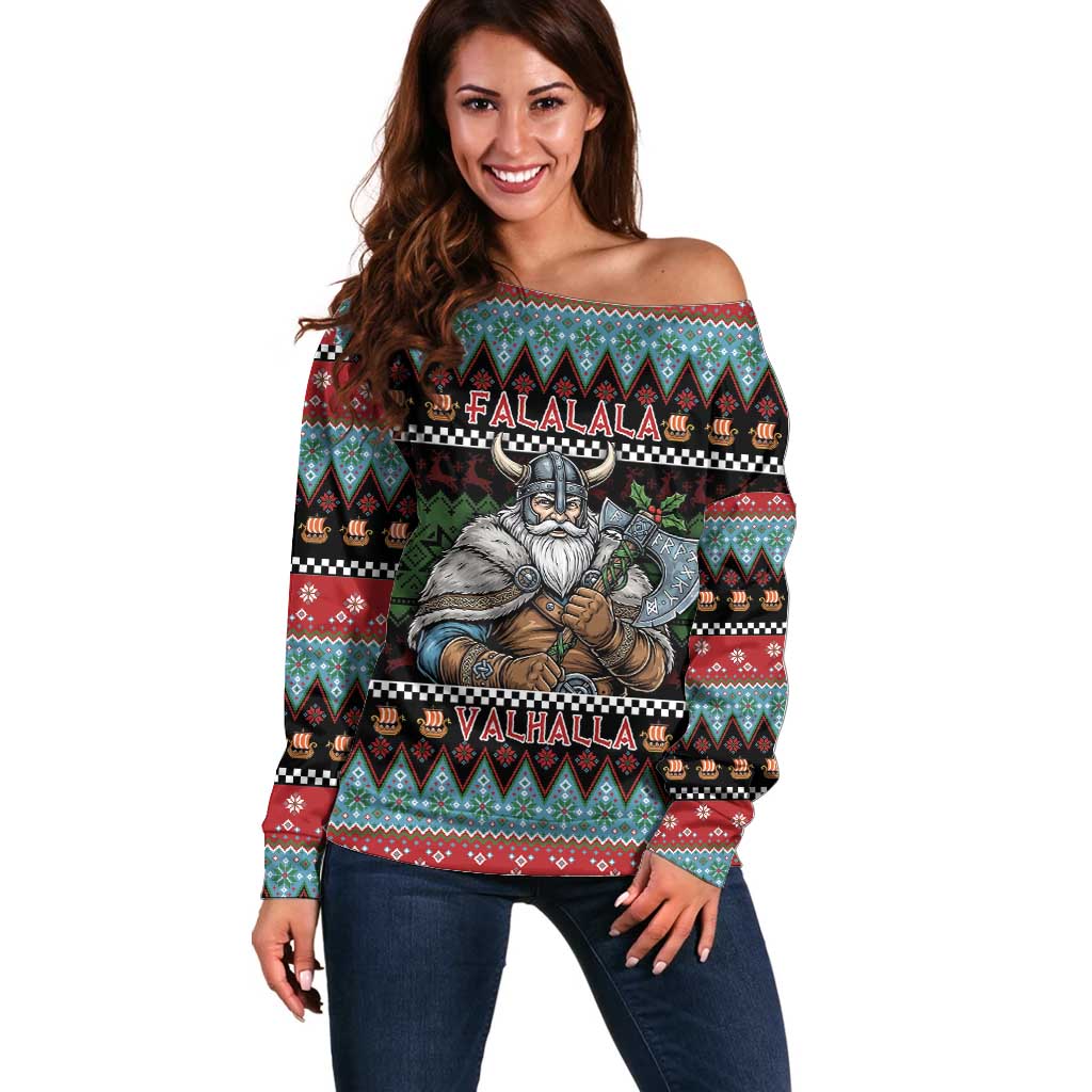 Vikings Christmas Off Shoulder Sweater Warrior Santa - Wonder Print Shop