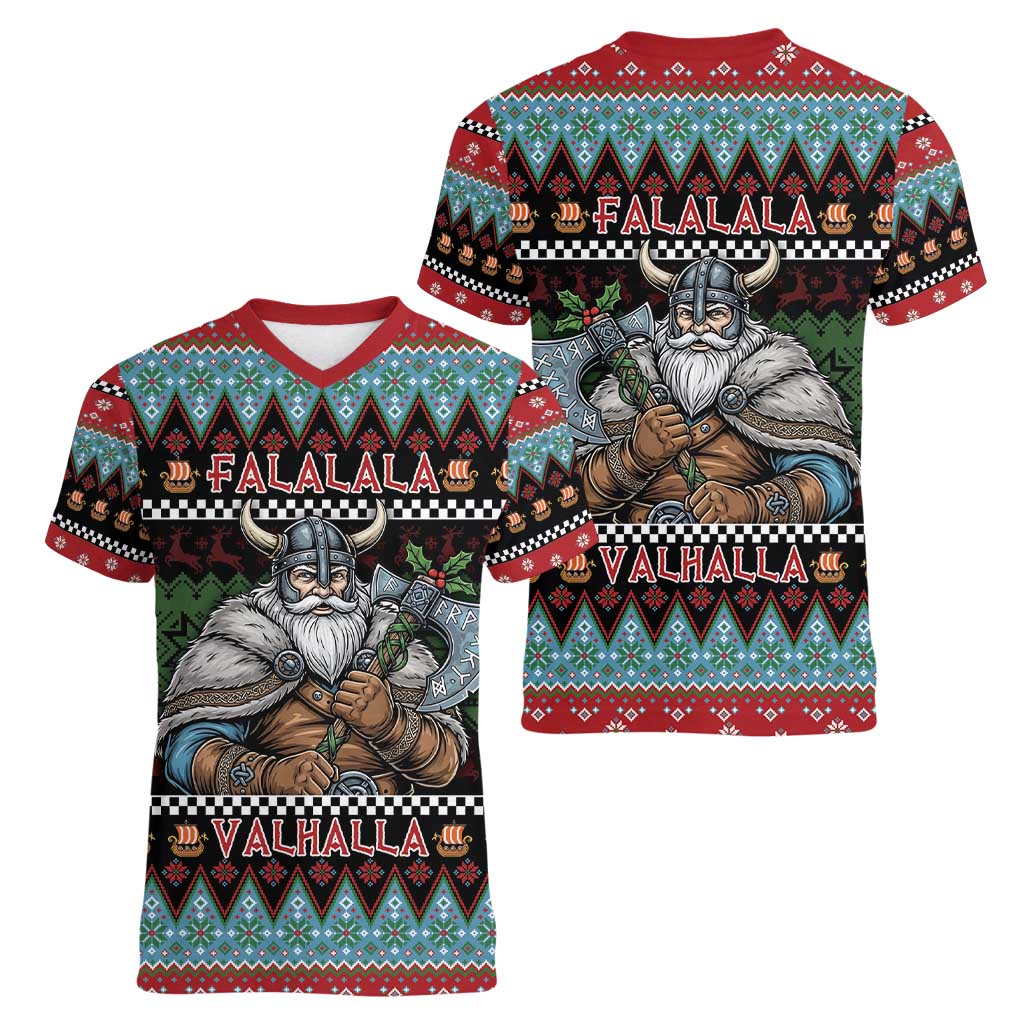 Vikings Christmas Women V-Neck T-Shirt Warrior Santa - Wonder Print Shop