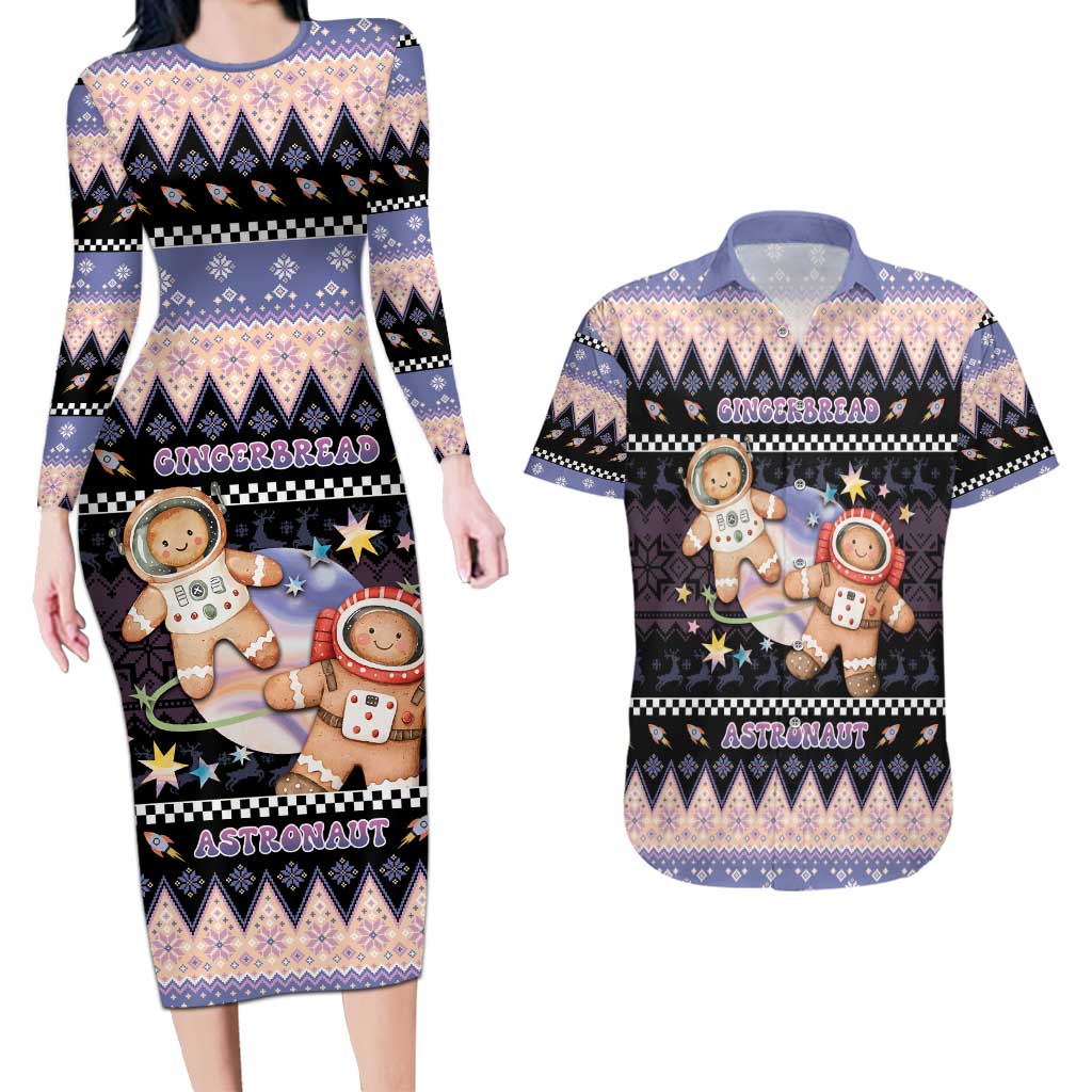 Astronaut Christmas Couples Matching Long Sleeve Bodycon Dress and Hawaiian Shirt Gingerbread In Space - Wonder Print Shop