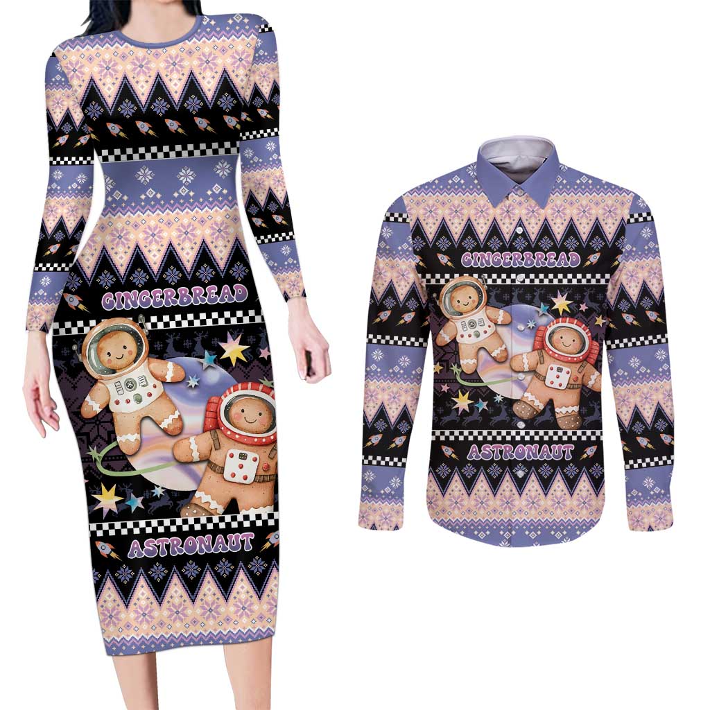 Astronaut Christmas Couples Matching Long Sleeve Bodycon Dress and Long Sleeve Button Shirt Gingerbread In Space - Wonder Print Shop