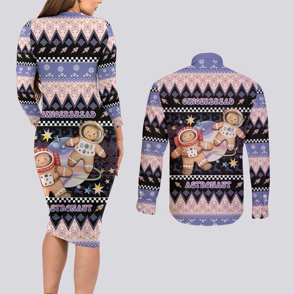 Astronaut Christmas Couples Matching Long Sleeve Bodycon Dress and Long Sleeve Button Shirt Gingerbread In Space - Wonder Print Shop