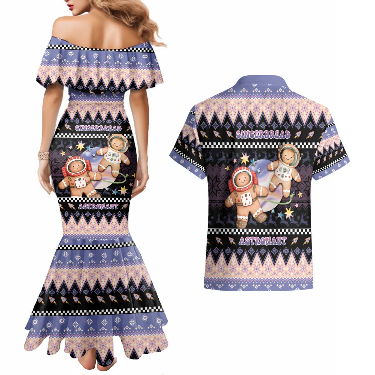 Astronaut Christmas Couples Matching Mermaid Dress and Hawaiian Shirt Gingerbread In Space - Wonder Print Shop